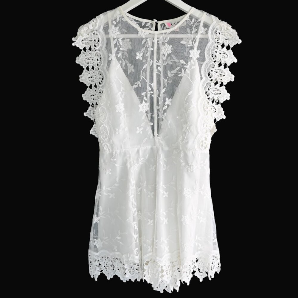 L'ATISTE By Amy Off White Lace Sheer Bodice Open Back Jumper - Size Small - Picture 4 of 14